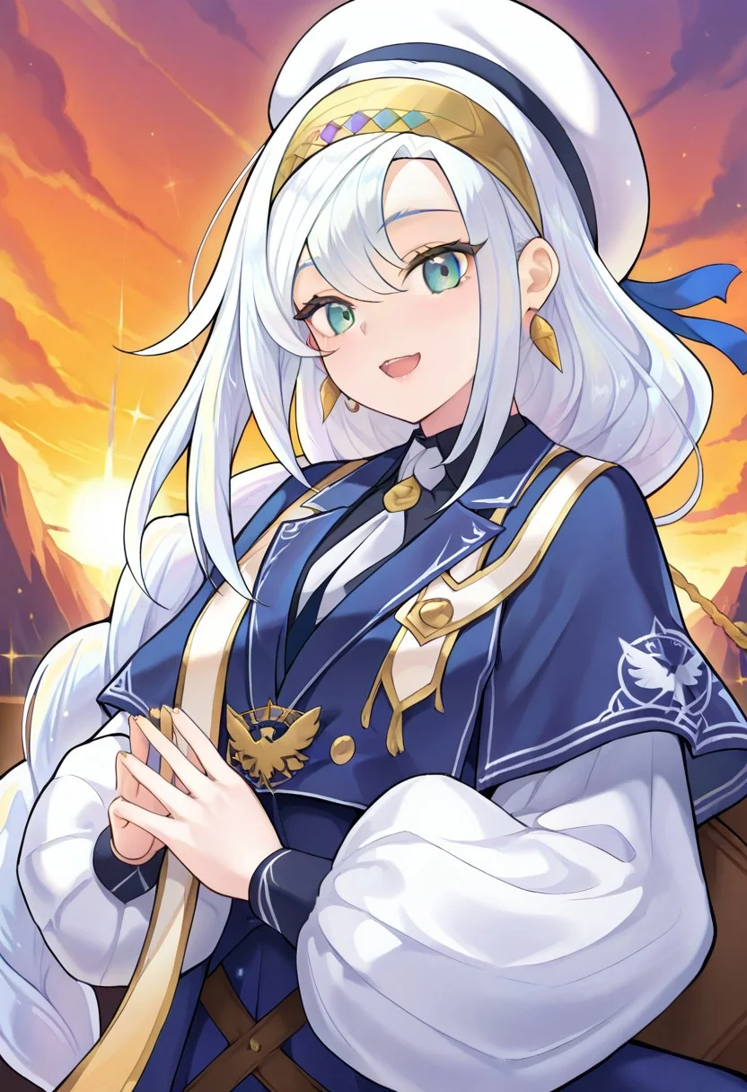 (masterpiece),best quality, amazing quality, very aesthetic, absurdres, newest, 1girl, solo, artmegia finemelt, twin braid, white hat, blue jacket, puffy sleeves, neckite, earrings, upper body, smile, open mouth, cowboy shot, looking at viewer, evening