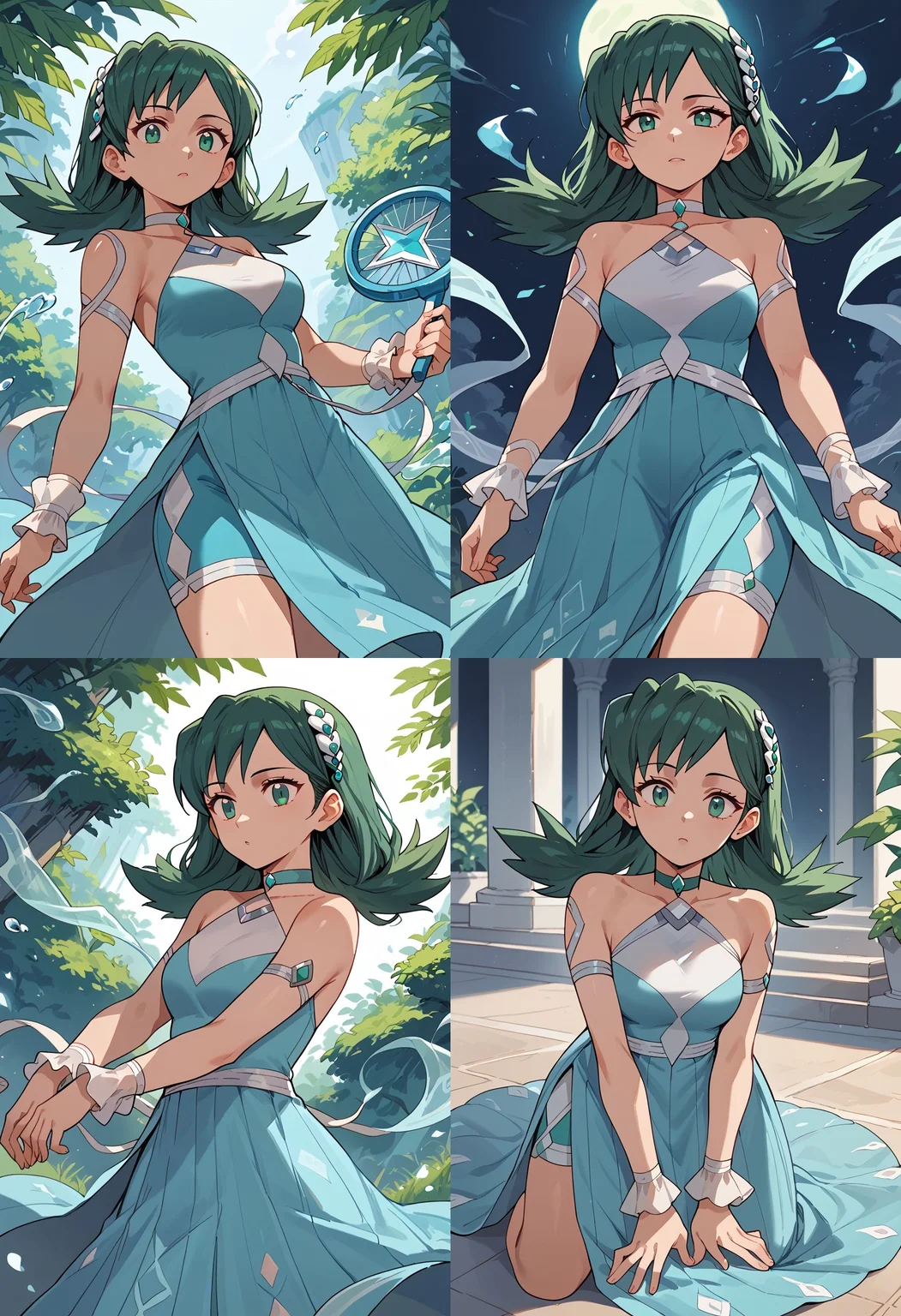 __femalePosesWildcard400_v10/female-poses__, <lora:KrisPony-10:1> Kris_Sygna, medium hair, green hair, hair ornament, green eyes, choker, dress, blue dress, halter dress, bare shoulders, shorts, blue short, shorts under dress, wrist cuffs,, score_9, score_8_up, score_7_up, score_6_up, score_5_up, score_4_up,