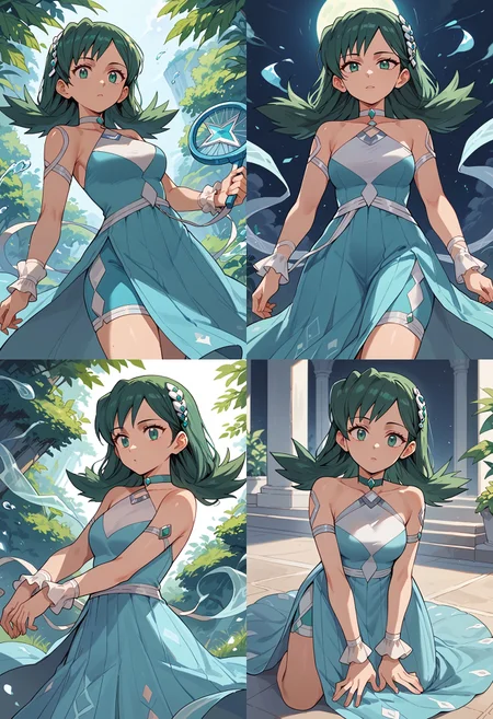 __femalePosesWildcard400_v10/female-poses__,  <lora:KrisPony-10:1> Kris_Sygna, medium hair, green hair, hair ornament, green eyes, choker, dress,  blue dress, halter dress, bare shoulders, shorts, blue short, shorts under dress, wrist cuffs,, score_9, score_8_up, score_7_up, score_6_up, score_5_up, score_4_up,