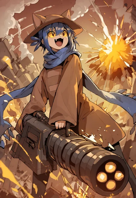 score_9, score_8_up, score_7_up,
solo, cniko,blue hair,short hair,hair between eyes,whiskers, <lora:niko:1>, happy face, laughs, open mouth,
cat hat,yellow sclera,brown eyes,slit pupils,blue scarf,brown dress,long sleeves,sleeves past fingers,sleeves past wrists,black legwear,
holding ranged weapon, gatling gun, firing, casing ejection,destruction, embers, explosion,smoke, motion blur, emphasis lines, <lora:firearm_enhancement:0.9>,
<lora:Expressive_H:0.3>,<lora:Gogalking_-_style:0.8>, gogalking, <lora:Infukun_v1:0.4>, <lora:Sinozick_Style_XL_Pony:0.4> ,