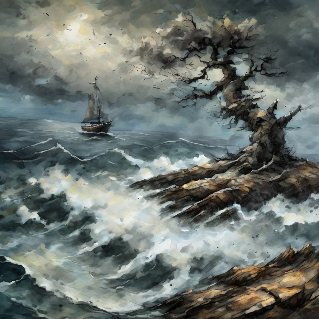artmix04 landscape, old crooked tree on a rock, rough sea in the background, storm clouds and sailboats on the waves, dramatic, dark and expressive, very detailed<lora:artmix04:1>