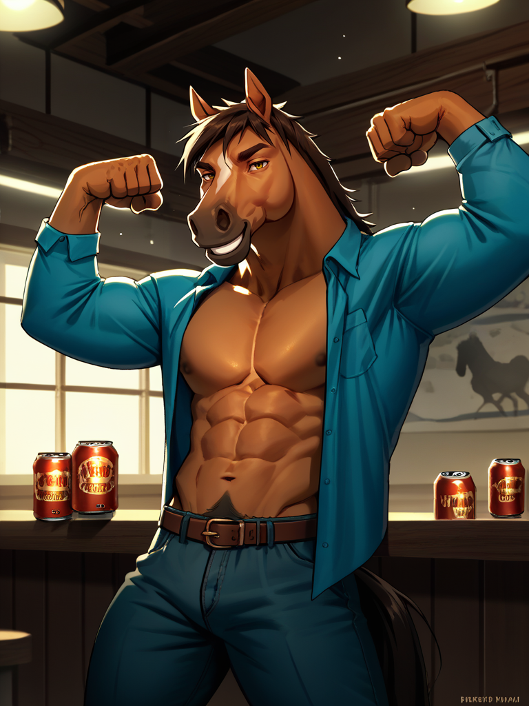 portrait of bara horse man, nomifuki_style, horse,  furry, <lora:Nomifuki_Style:.8> confident, smiling, flexing, frat party background, open shirt, looking at viewer, pecs, beer can, dynamic lighting, score_9, score_8_up, score_7_up, <lora:Smooth Anime 2 Style SDXL_LoRA_Pony Diffusion V6 XL:.3>   <lora:add-detail-xl:.8>  zPDXL3,