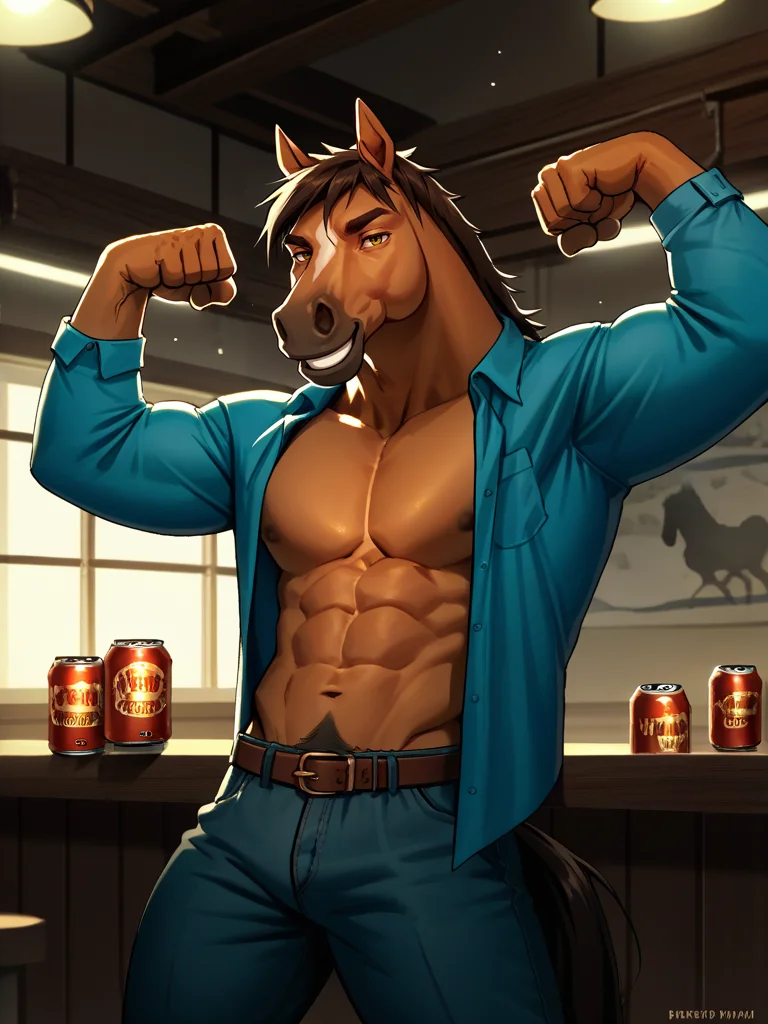 portrait of bara horse man, nomifuki_style, horse,  furry, <lora:Nomifuki_Style:.8> confident, smiling, flexing, frat party background, open shirt, looking at viewer, pecs, beer can, dynamic lighting, score_9, score_8_up, score_7_up, <lora:Smooth Anime 2 Style SDXL_LoRA_Pony Diffusion V6 XL:.3>   <lora:add-detail-xl:.8>  zPDXL3,