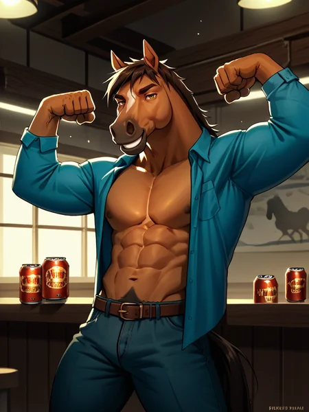 portrait of bara horse man, nomifuki_style, horse, furry, <lora:Nomifuki_Style:.8> confident, smiling, flexing, frat party background, open shirt, looking at viewer, pecs, beer can, dynamic lighting, score_9, score_8_up, score_7_up, <lora:Smooth Anime 2 Style SDXL_LoRA_Pony Diffusion V6 XL:.3> <lora:add-detail-xl:.8> zPDXL3,