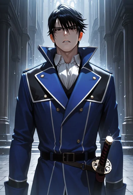 masterpiece, best quality, amazing quality, absurdres, newest, detailed background, definition so sharp, Ultra-HD, 8K cinematic, very awa, impressionate, amazing quality, highres,
solo, male focus, manly, mature male, bara, cool coloring, aesthetic,
reishimunakata, reishi_black hair, reishi_black eyes, 1boy, short hair, glasses, blue coat, white collared shirt, ascot,
parted lips, serious face, charming, sparkle, looking at viewer, focus on sword, sword on front face, standing,