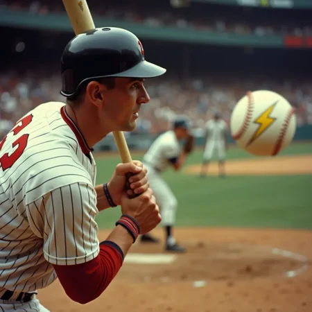 1960s New York baseball game. A determined batter, clad in a classic pinstriped uniform, grips his bat tightly, eyes locked on the speeding white ball streaking toward him—its surface emblazoned with a bold, golden-yellow thunderbolt. His stance is tense, muscles coiled, ready to strike. The blurred pitcher, roaring stadium, and roaring crowd fade into the backdrop, amplifying the razor-sharp focus on his unwavering intensity. The warm, golden hue of vintage stadium lights casts a cinematic glow over the scene.