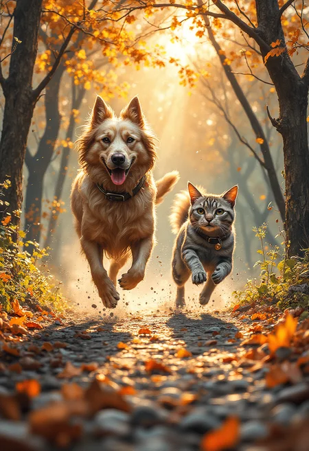 A caricature scene of a man chasing a dog chasing a cat chasing a squirrel chasing a nut, vibrant glow