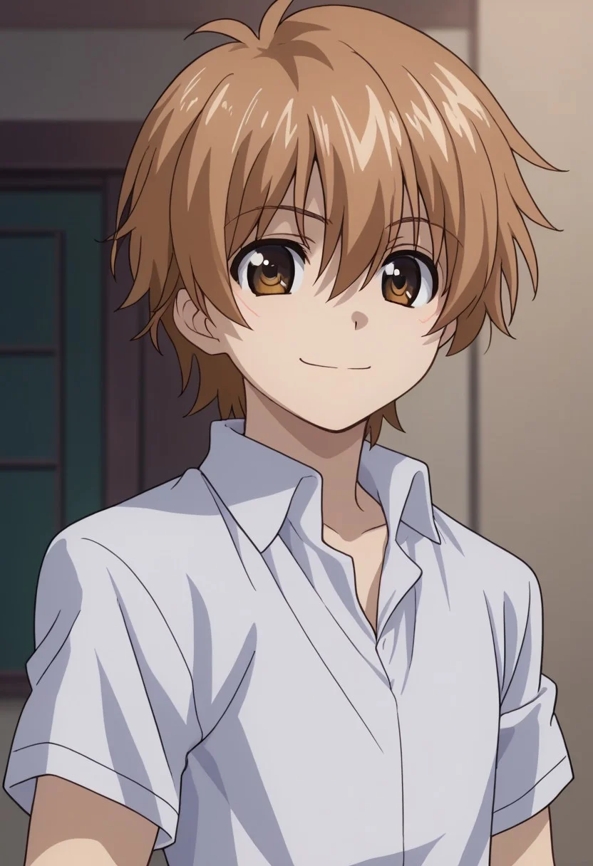 score_9, score_7_up, source_anime
miwahiro, 1boy, male focus, solo, brown eyes, brown hair, hair between eyes, school uniform, shirt, collared shirt, white shirt, short sleeves, smile, standing, upper body
outdoor,