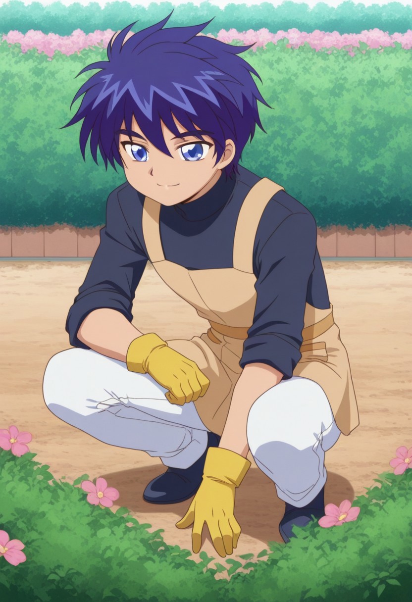 masterpiece,best quality,amazing quality, source_anime, retro artstyle,
sheido, 1boy, male focus, solo, blue eyes, blue hair, shirt, black shirt, turtleneck, apron, brown apron, white pants, sleeves rolled up, gloves, yellow gloves, smile, squatting,
outdoor, garden, flowers,