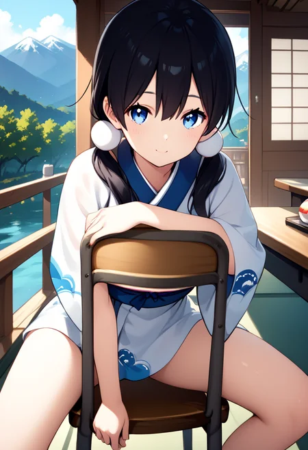 score_9, score_8_up, score_7_up, source_anime, ultra detailed,
Generate a picture of a girl stradding chair. She is leaning forward with her chest and abdomen resting on the backrest of the chair. Her arms on backrest, looking at viewer with light smile. (chair), front view,
The girl is wearing a (mountain print kimono) with white upper and light blue lower, bare legs and barefoot.
The girl in the courtyard of a Japanese-style dojo, there is a small pond with low cherry trees along its edge.
(kitashirakawa_tamako), The girl has yellowish skin, long black hair made into twin low ponytails, hair between eyes, she has blue eyes, she is tender and slender, small breasts,
, ,<lora:kitashirakawa_tamako_pony:1>,<lora:Stradding_Chair_Pony:1>