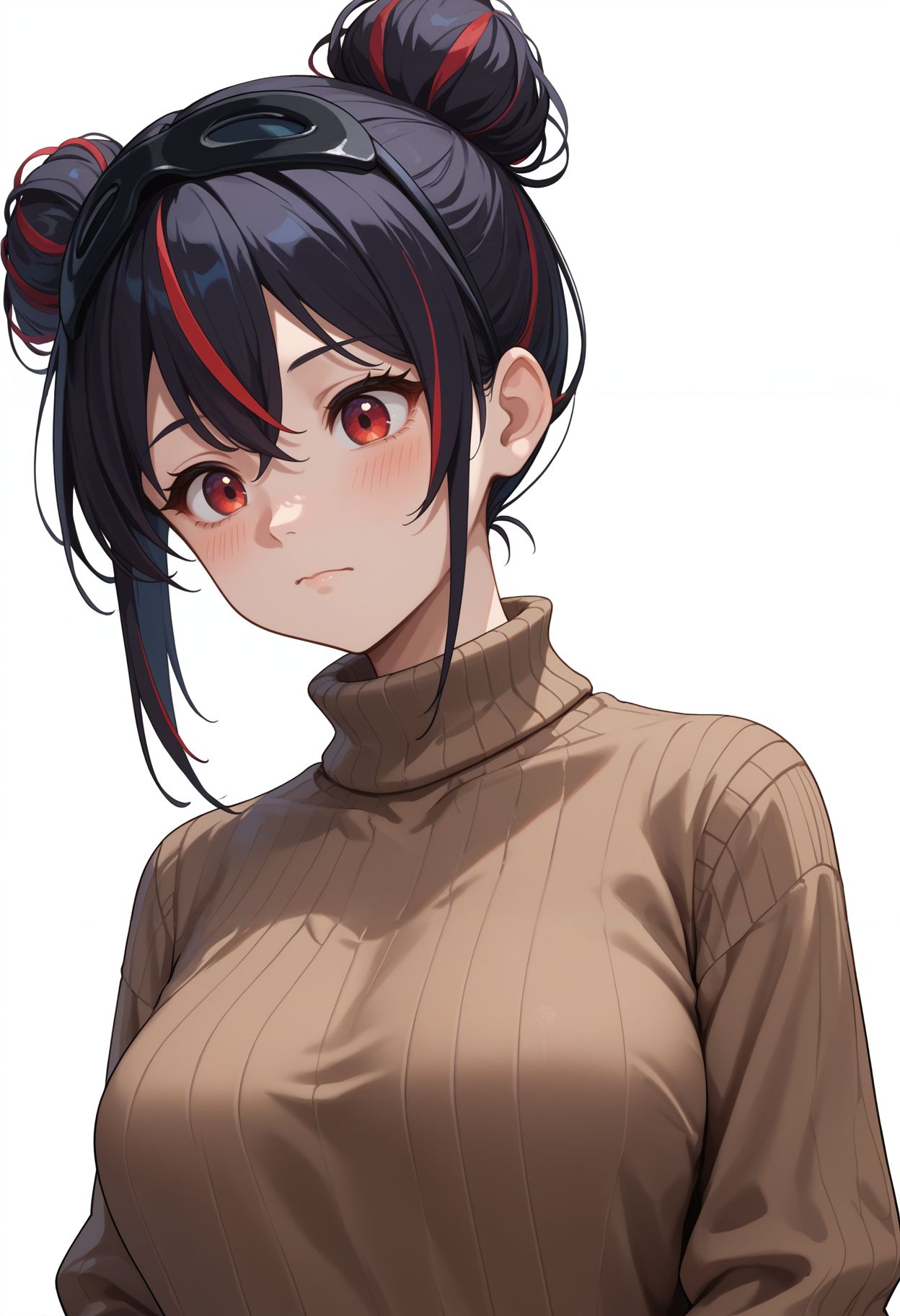 score_9,score_8_up,score_7_up, <lora:quency_escape_queen_nikke_pdxl_goofy:1>source_anime, quencyEq, red eyes,black hair,1girl, blush, breasts, brown sweater, casual, closed mouth, multicolored hair, sideways glance, solo, split mouth, streaked hair, sweater, turtleneck, turtleneck sweater, upper body,white background,