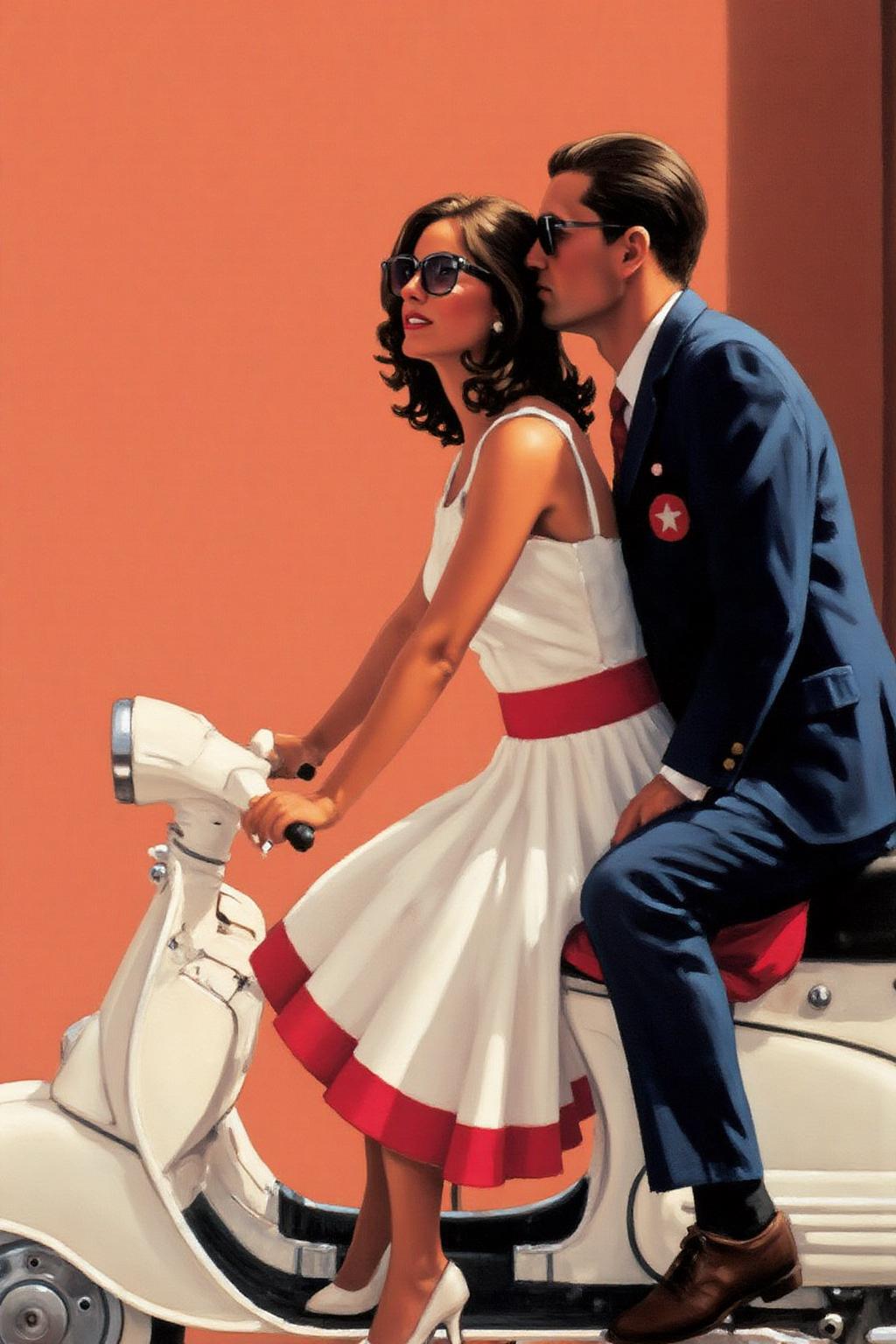 jackvettriano1 painting. 
A man and a woman riding a white Vespa scooter. The woman is in a white dress with red accents, and the man is in a blue suit with a red emblem on his chest. They are both wearing sunglasses. The background is an orange wall. <lora:jackvettriano1_cap_d8a4e12:1.0><lora:851765744621385418:0>