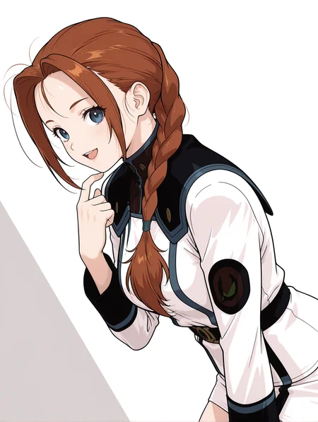 masterpiece,best quality,newest,
1girl,solo,
<lora:Livi_Donen_ilxl_v1.2:1>,Livi,antenna hair,brown hair,blue eyes,single braid,L_clothes,pencil_skirt,
<lora:Fixhands_anime_bdsqlsz_V1:1>,dynamic_angle,cinematic_angle,cowboy_shot,white_background,simple_background,looking_at_viewer,open mouth,smile,finger to own chin,