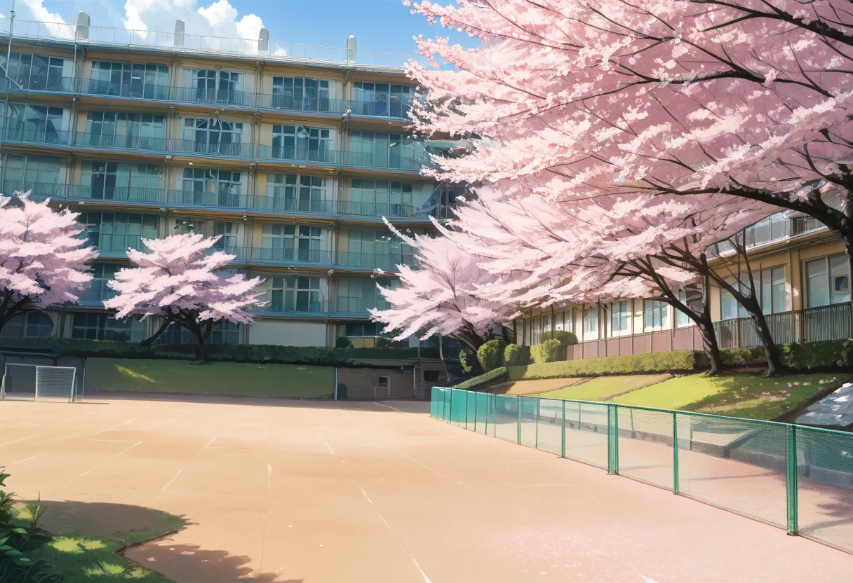 score_9, score_8_up, score_7_up, rating_safe, masterpiece, best quality, absurdres, unity 8k wallpaper, official art, official style, source_anime, uncensored, game cg, megami magazine,
koutei, scenery, tree, building, outdoors, cherry blossoms, fence, window, sky, grass, day
<lora:gakkou_ground_PONY_V1:1>