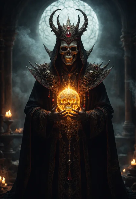 raw, ultra high picture quality, intricate details, Mystical light. Fog. The mage's appearance: evil and mystical, with spiky robes that seem made of black cloth with golden stitches. a ball in one hand and mysterious beast skull in another hand, Rubies, symbolizing their magical power. Glow. a dark evil gaze that hints at their ancient knowledge and mystical prowess. alchemical laboratory, blending the natural with the magical, Soft natural lighting, High Definition HD, High Detail, Perfect Composition, Detailed Structure, Artstation Trends, cinematic, dark fantasy
