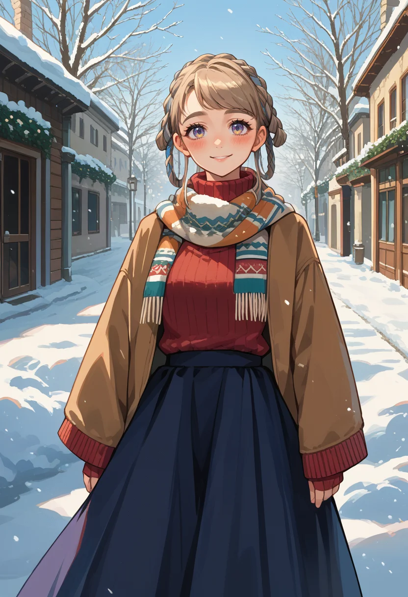 score_9, score_8_up, source_anime, 1girl, solo, PopeJoan, long hair, braided hair rings, turtleneck sweater, long skirt, outdoors, scarf, winter, smile, blush, <lora:ChamPopeJoanPonyXL:1>