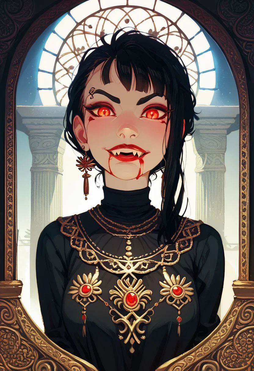 Score_9, Score_8_Upper, Score_8_Upper, Score_8_Upper, Score_8, solo, 1girl, anime, perfect face, bloody mouth, vampire sorceress, pale skin, black hair, black brows, scarlet eyes, piercing gaze, glowing eyes, decorated robes, golden jewelry, black gothic full robes, stitch marks, stitched skin, ghastly pale skin,
night sky, egyptian temple background, large fangs,