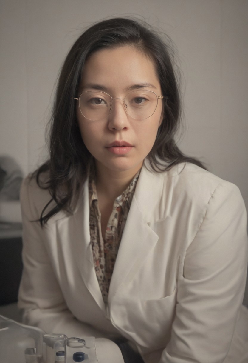hyperrealistic, glamorous photo, masterpiece, stunning, best quality, RAW upper body shot photo of an asian woman, clear focus, pale skin, curvy, glasses, black hair, perfect face, sexy pose, wearing a lab coat and a suit, working in a laboratory, Hasselblad DLSR camera, 200mm Zeiss lens, f/2.8, detailed, realistic shadows, low light, soft natural light, Rembrandt style light, professional, high contrast, bright colors, intricate details, (high quality texture), (sharp), (artistic image), 8K, highly detailed, vivid colours, rich details,