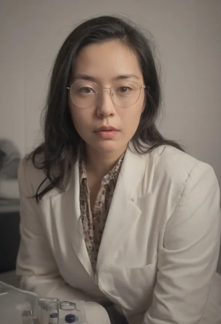hyperrealistic, glamorous photo, masterpiece, stunning, best quality, RAW upper body shot photo of an asian woman, clear focus, pale skin, curvy, glasses, black hair, perfect face, sexy pose, wearing a lab coat and a suit, working in a laboratory, Hasselblad DLSR camera, 200mm Zeiss lens, f/2.8, detailed, realistic shadows, low light, soft natural light, Rembrandt style light, professional, high contrast, bright colors, intricate details, (high quality texture), (sharp), (artistic image), 8K, highly detailed, vivid colours, rich details,