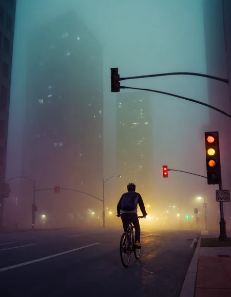 <lora:RokuSignHD:1>,rokusignhd,scenery,building,city,outdoors,cityscape,skyscraper,city lights,, a person riding a bike down a street at night time with a foggy sky behind them and a traffic light [1]