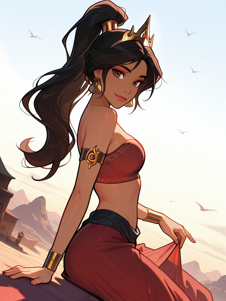 highres, hi res, best quality, masterpiece,,
1girl, medium breasts, (JasmineXL:1.1), long hair, black hair, high ponytail, brown eyes, dark skin, makeup, earrings, red harem pants, strapless, armlet, tube top, arabian clothes, crown,
light smile, dutch angle, sitting, looking at viewer, sky, outdoors, daylight, dynamic pose, from side, dress lift, cowboy shot,
 <lora:frostbitev2_Illu_dwnsty:1> frostbite,
<lora:Jasmine-IL_V2:0.7>