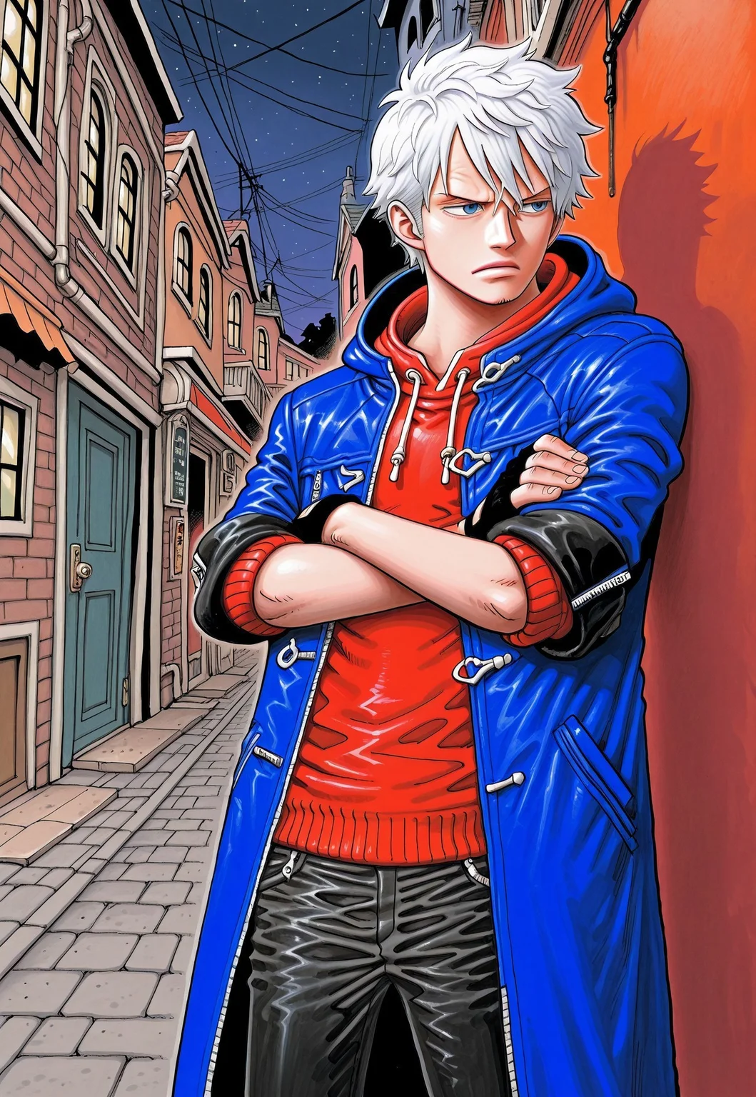 score_9, onepieceartstyle_style, onepieceartstyle, source_artwork, masterpiece, best quality, hyper-Detailed, 1man, solo, male focus, alone, detailed, DMC5Nero ((toned body, fair skin, white hair, hair between eyes, hair over ears, blue detailed eyes,)), ((wearing blue coat with folded sleeves to the elbowl with hood, red sweater, black fingerless gloves, black pants,)), serious, arms crossed, looking away, standing in an alley, night