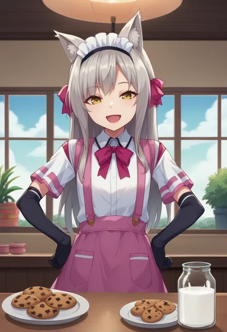 solo,<lora:maidFuyu-10:1> fuyumaid, grey hair, long hair, yellow eyes, flat chest,tareme, fox ears, pink ribbon, hair ribbon, maid headdress, white shirt, pink suspenders, elbow gloves, black gloves, miniskirt, pink skirt, pink bowtie, pink apron, black legwear, skindentation, (looking at viewer, smile, happy, hands on own hips), (scenery, plant, milk, cookie, jar of cookie window, potted plant, indoors, cafe, restaurant), black pantyhose, open mouth, animal ear fluff, 16k, masterpiece, absurdes, highly detailed, highres, high quality, best quality, score_9, score_8_up, score_7_up, score_6_up, source_anime, anime screencap, anime colouring, cel shading, shiny, shiny skin, shiny hair, looking at viewer, portrait, upper body
