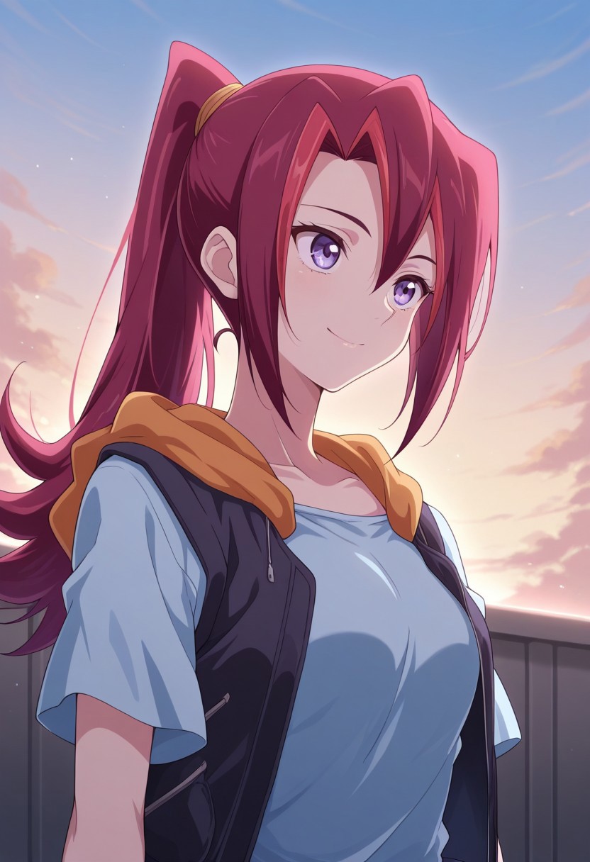 masterpiece,best quality,amazing quality, source_anime, 
KariTsukumo, 1girl, solo, purple eyes, red hair, long hair, ponytail, multicolored hair, shirt, blue shirt, short sleeves, jacket, hood, sleeveless jacket, smile, sky,