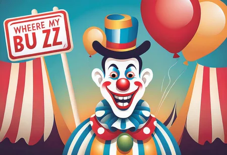 text:"Where the YUCK is my BUZZ", detailxl, logo, logoredmaf, A humorous scene of a colorful clown holding a sign reading "Where the YUCK is my BUZZ!" in bold lettering. The clown wears classic circus attire—bright colors, striped socks, polka-dot patterns—and has a quirky, slightly mischievous expression. The background is a lively carnival setting with balloons, striped tents, and soft evening lights, creating a festive atmosphere. The lighting focuses on the clown and sign, adding warmth. The style combines cartoonish realism with a nostalgic, whimsical vibe.