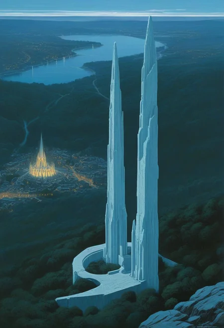 ((High angle From avove, camera from above, Bird's-eye view, aerial shot view)), professional concept-art painting, (famous artwork by, vincent di fate, simon stalenhåg, robert burns, syd mead), GoT and LotR collab, epic scifi/fantasy, (implied depth+height+scale): "There it is, the city of "norwood reach", its great and magnificent buildings anchored at different altitudes, their rooftops almost like a set of giant steps, ascending the treacherously steep slope of the final couloire, just a hundred metres or so beneath the unreachable peak of "mount erath". | In the moonlight, the bleached white stone of the "norwood skybridge" gleams faintly, its sickle-like shape connecting the king's tower with the oracle's own, appearing from our vantage point, a bit like a reflection of the night sky's crescent moon.