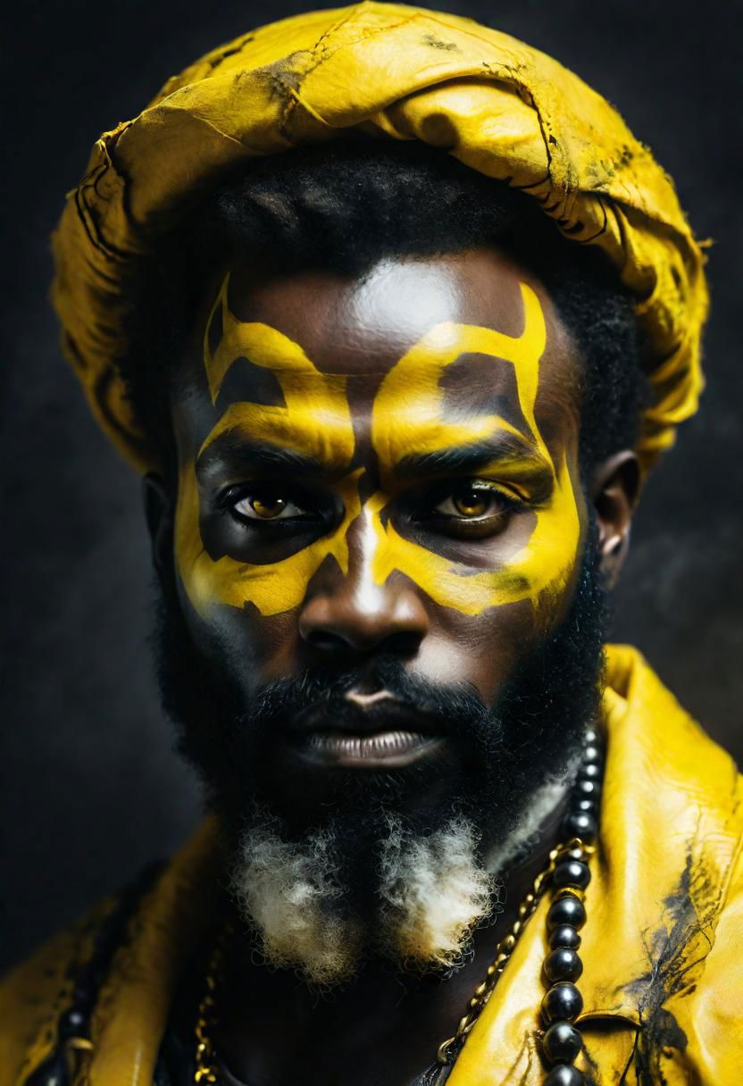 close up Portrait of Death, he is an african bearded man, creepy, black skin, the Apocalypse rider, yellow grunge makeup, black ball eyes, close up shot,  Rembrandt style, Roberto Ferri style, full shot, high contrast