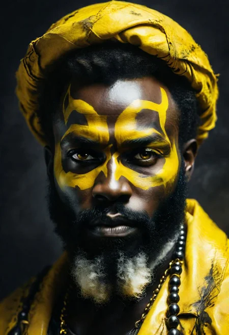 close up Portrait of Death, he is an african bearded man, creepy, black skin, the Apocalypse rider, yellow grunge makeup, black ball eyes, close up shot,  Rembrandt style, Roberto Ferri style, full shot, high contrast
