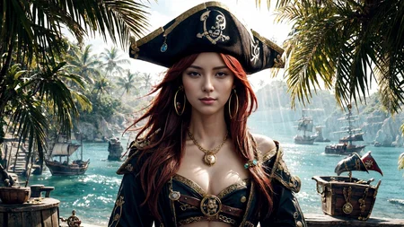 (young redhead pirate woman), (portrait), sharp focus, (ultradetailed), (standing), (happy) smile, pirate (ship galleon:1.2, hoop earrings, gold medallion, Cortana Bluepirate clothes, pirate hat, hips, (pirate parrot:1.2), pirate (village), leafy beach coast, (treasure chest with coins, gems and jewels:1.2), rum barrel, best quality masterpiece, bright sunny sky, backlight, natural lights, high contrast, hdr, shadows, pretty, beautiful, feminine, sexy, adorable, lovely, in love, (PirateDiffusionprt:0.5), <lora:Pirate:0.3> PrateT <lora:PirateRealms:0.3> <lora:Detail Tweaker LoRA add_detail:0.8> <lora:depth_of_field_slider_v1:5> <lora:SDXLrender_v2.0:0.9>