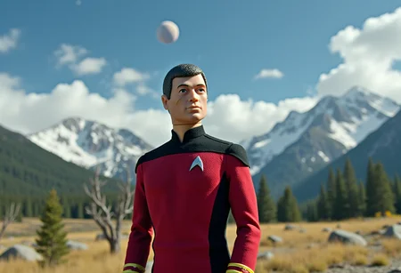 A cinematic low angle shot of <lora:Gi-Joe_Flux:1> Gi Joe as a Starfleet Captain, wearing Star Trek uniform, looking at the viewer, standing outdoors on an alien planet. The planet has very beautiful landscape much like Colorado on Earth with lush greenery and snow capped mountains. There are multiple planets visible in the sky. <lora:Dever_Flux_Enhancer:0.5>