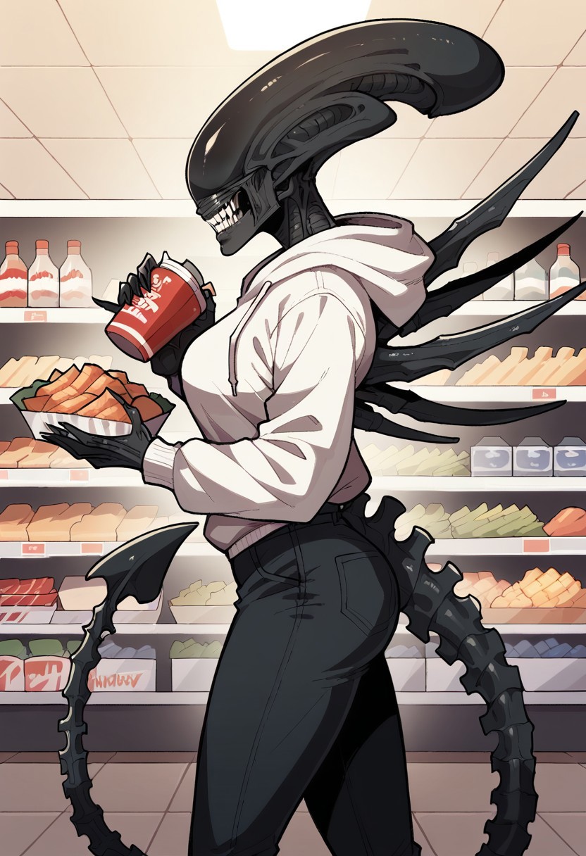 score_9, score_8_up, score_8, source_anime, 1girl, <lora:XenomorphQueen:0.9>, xenomorph queen, solo, colored skin, female, black skin, no eyes, tail, monster, teeth, sharp teeth, supermarket, big, tall, white hoodie, black pants, side view