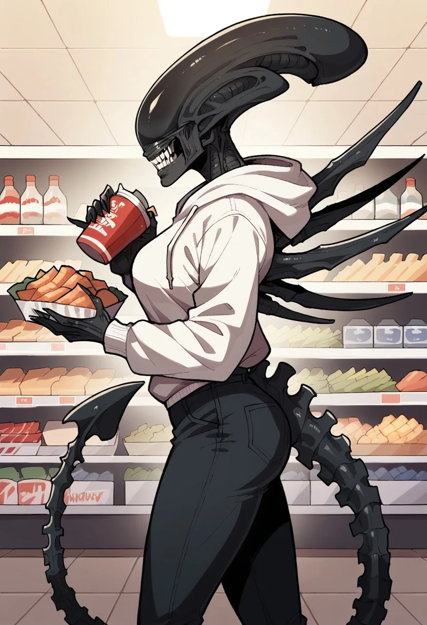score_9, score_8_up, score_8, source_anime, 1girl, <lora:XenomorphQueen:0.9>, xenomorph queen, solo, colored skin, female, black skin, no eyes, tail, monster, teeth, sharp teeth, supermarket, big, tall, white hoodie, black pants, side view