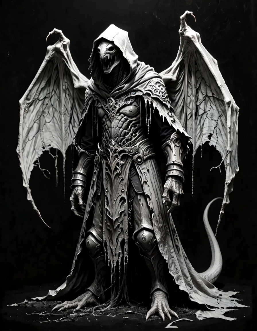 score_9, score_8_up, score_7_up, mm-style, monochrome, black background, ( lizard man, ), horror, dark fantasy, wearing armor, wearing hood, full body, wings, Megalith,lovecraftian, <lora:Monochrome_Monsters_Pony:0.8>