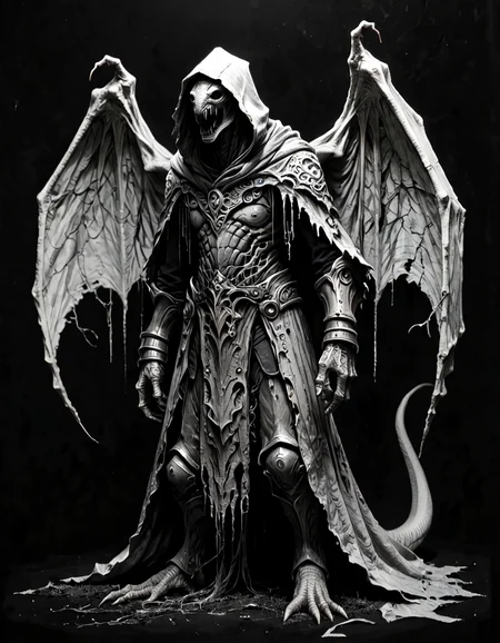 score_9, score_8_up, score_7_up, mm-style, monochrome, black background, ( lizard man, ), horror, dark fantasy, wearing armor, wearing hood, full body, wings, Megalith,lovecraftian, <lora:Monochrome_Monsters_Pony:0.8>