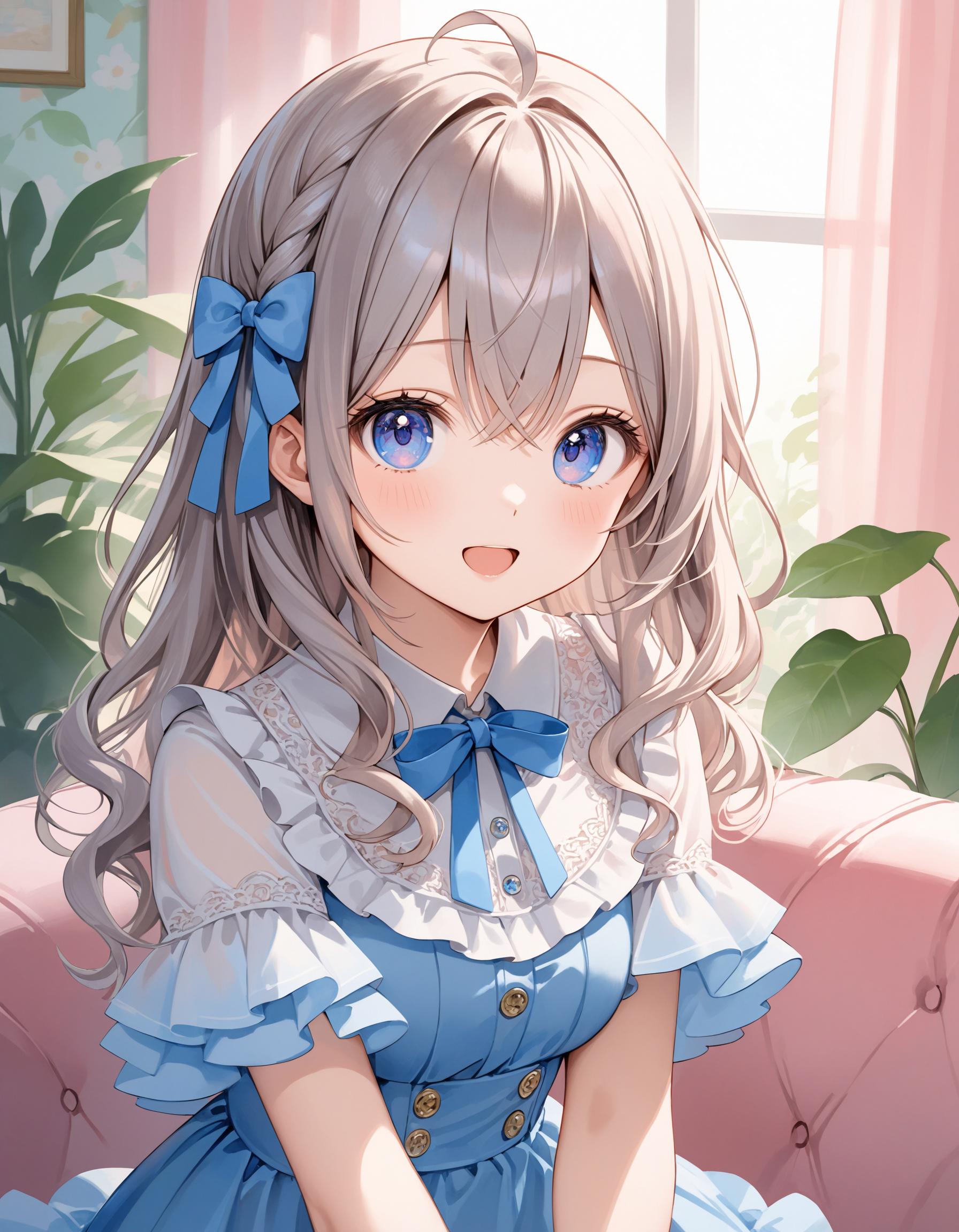 SceneDescription:
  - Composition: Portrait. Face focus. Shooting from front.
  - Subject: A cute girl. (Chibi:0.9).
    - Characteristics:
      - Face: (Cute round face:1.2).
      - Eyes: Detailed dark-blue eyes.
      - Hair: Long wavy hair with big ribbon hair ornament, (gray hair), (gray inner hair), ahoge and hair between eyes.
      - Body: Detailed slender body. Large breasts.
      - Clothing: White ruffled blouse, saxe-blue ribbon tie, short ruffled sleeves and layerd skirt.
      - Expression: Amused expression. Open mouth.
      - Posing: Head tilt. Looking at viewer.
  - Background: Fashionable cafe living room.
    - Elements: Decorative plants. Pastel cute sofa. Pastel cute curtains. Pastel cute wallpaper.
Time: Daytime.
Lighting: (Natural lighting:1.4).
ArtStyle: Watercolor. Traditional media.
Quality: Intricate details. Extremely detailed. Outstanding intricacies. (Masterpiece:1.2). (Best quality:1.2). (Absurdres absolutely resolution:1.4).
Mood: Serene atmosphere.