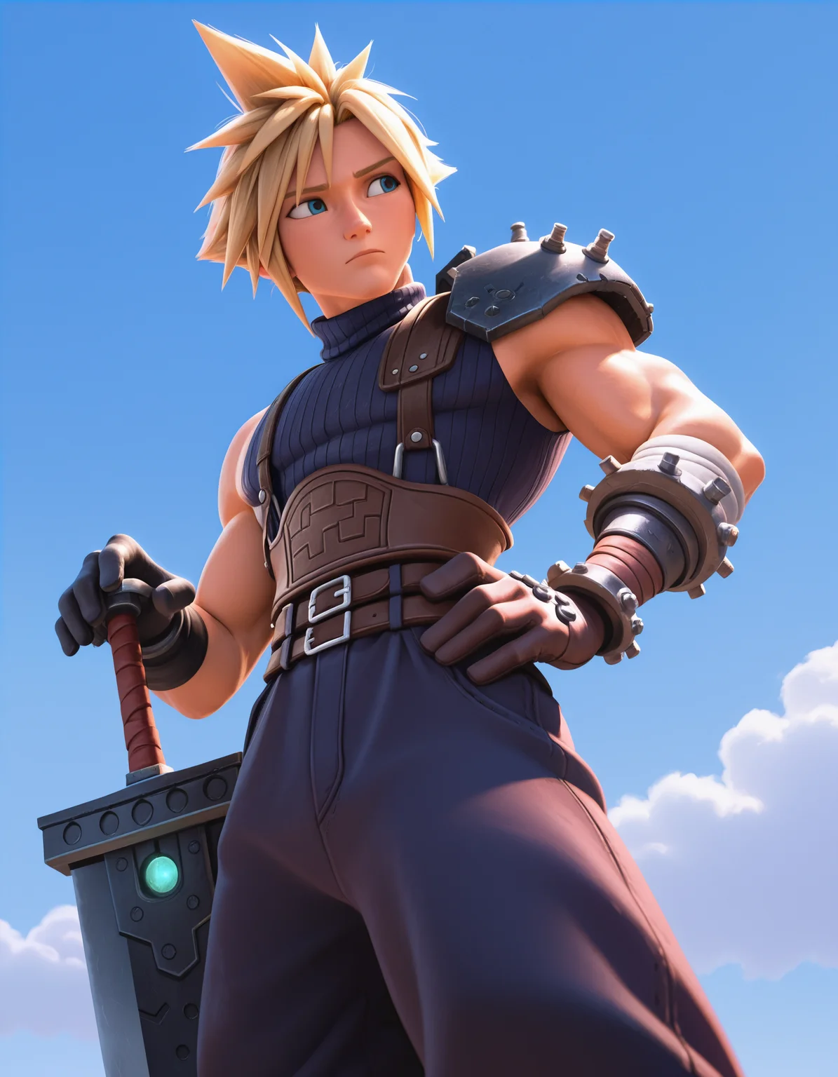 <lora:DisneyStudios_style-12IL:1>, DisneyStudioXL, cartoon, cinematic, 1boy, looking to the side, cloud strife, hand on hilt, hand on own hip, buster sword, from below, foreshortening, clear sky