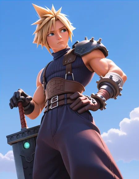 <lora:DisneyStudios_style-12IL:1>, DisneyStudioXL, cartoon, cinematic, 1boy, looking to the side, cloud strife, hand on hilt, hand on own hip, buster sword, from below, foreshortening, clear sky