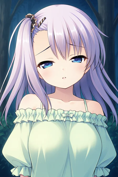 masterpiece, best quality, absurdres, official art, official style, rating general BREAK <lora:manabekei_IL_v1-1:0.7>, manabe kei, 1girl, solo, blue eyes, purple hair, light purple hair, long hair, one side up, side ponytail, black scrunchie, asymmetrical hair, asymmetrical bangs, hairclip, large breasts BREAK casual, bare shoulders, collarbone, blouse, green shirt, frilled shirt, off-shoulder shirt, puffy short sleeves, halterneck, striped camisole, standing, outdoors, nature, forest edge, close-up, portrait,
blush, hair between eyes, half-closed eyes, looking at viewer, melancholy, parted lips, raised eyebrows