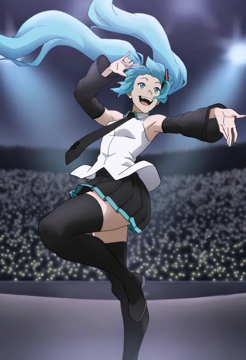 In the Avatar Animation style, masterpiece, best quality,3/4 view, dynamic pose, idol pose, newest, absurdres, highres, hyperrealistic, 1girl, solo, hatsune miku, vocaloid, bare shoulders, blue hair ,twintails, white shirt , miniskirt, black stocking, necktie , concert scene, happy,
<lora:Avatar-Anime-Style2:1>,