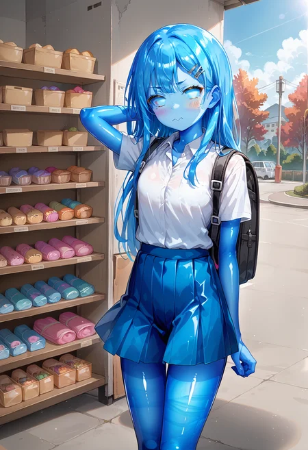 score_9, score_8_up, score_7_up, source_anime,,1girl,
<lora:Petrification_Lora_r1:0.8>,
crystal_tf, transparent body, transparent head, transparent, crystal skin, crystal hair, blue skin, blue hair, shiny skin, refelective skin
,no eyes
<lora:nagatoro-multi-outfit_epoch_8:1> nagatoro hayase, outfit-white-shirt, dress shirt, blush, solo, white shirt, tree, short skirt, pleated skirt, shirt, hairclip, collared shirt, evening, bag, school uniform, 1girl, closed mouth, outdoors, backpack, skin fang, fang, hair ornament, long hair, blue skirt, arm behind head, embarrassed, looking to the side,
,storage, storage room, inside, boxes,
, detailed background, high resolution background,