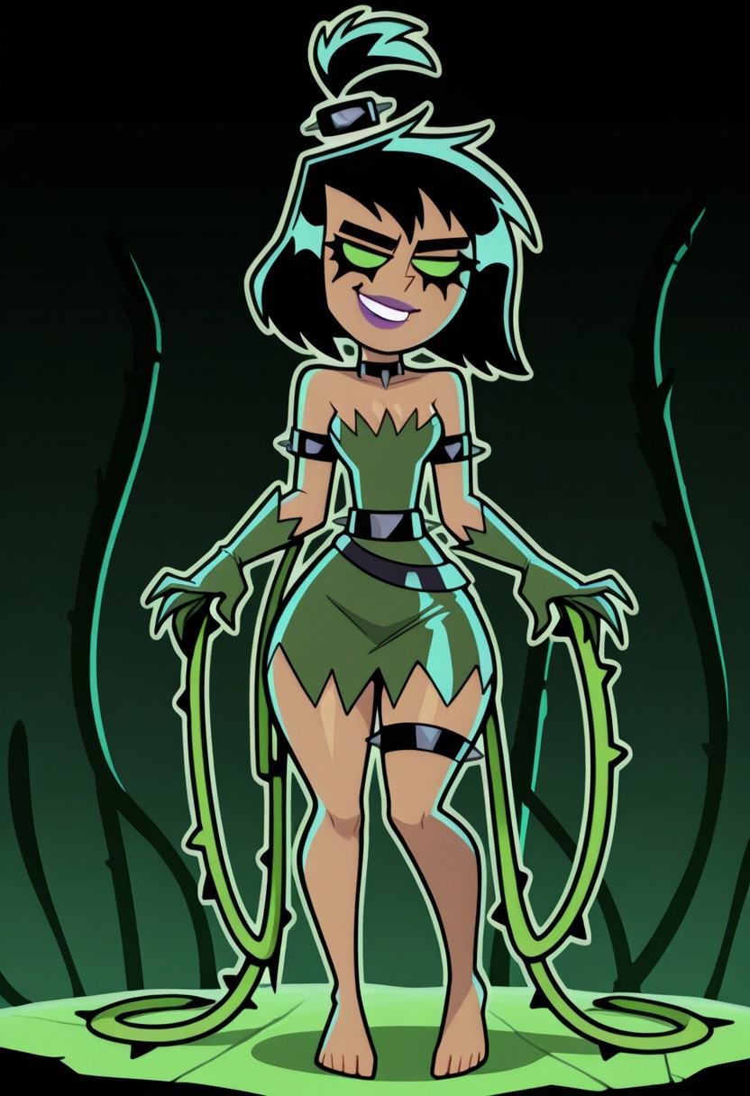 1girl, solo, Possessed Sam Manson, sam manson, black garter, punk hairtie, green tube dress, ragged clothes, green opera gloves, choker, tan skin, small breasts, wide hips, bare collarbone, bare thighs, bare legs, bare feet, cleavage, bare shoulders, runny mascara, solid green eyes, goth girl, barefoot, topknot, short hair, black hair, punk hairtie, wild hair, evil eyes, teasing, sexy, posing, tendrils, smug, purple lips,