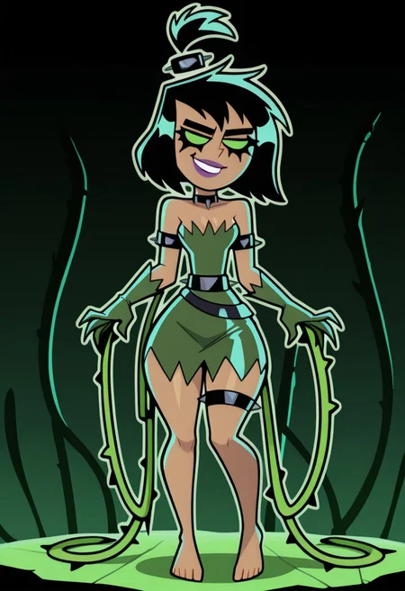 1girl, solo, Possessed Sam Manson, sam manson, black garter, punk hairtie, green tube dress, ragged clothes, green opera gloves, choker, tan skin, small breasts, wide hips, bare collarbone, bare thighs, bare legs, bare feet, cleavage, bare shoulders, runny mascara, solid green eyes, goth girl, barefoot, topknot, short hair, black hair, punk hairtie, wild hair, evil eyes, teasing, sexy, posing, tendrils, smug, purple lips,