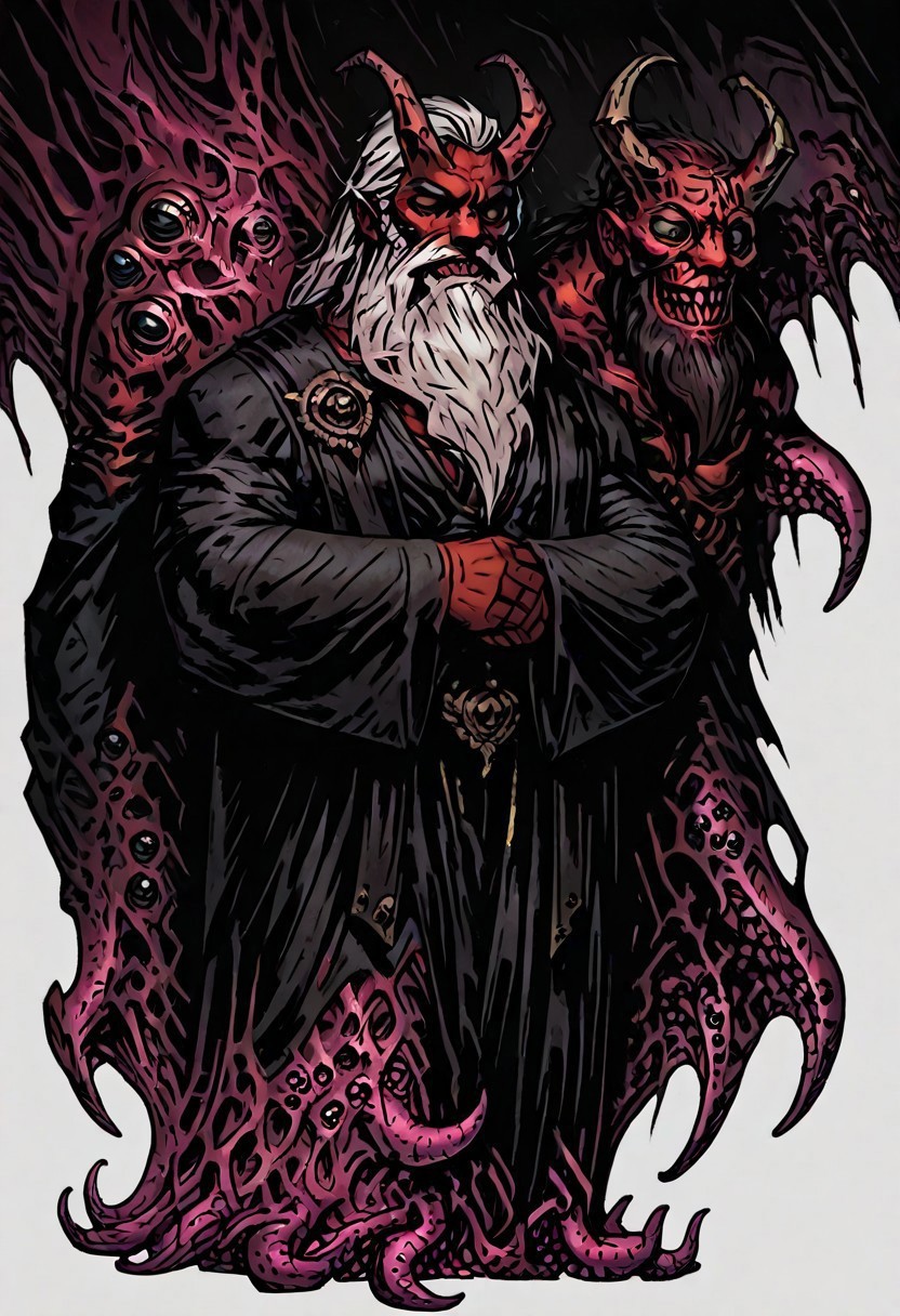 masterpiece, best quality, newest, absurdres, highres, TTCSV1.0, BDCV1.0, DDEG-V1.0, eldrich abomination
horror (theme)
extra eyes, Tentacles, monster boy, 1boy, demon, demon boy, red skin, red colored skin, white hair, horns, oni horns, oni, muscular male, monster boy, muscular, black robe, black eyes, manly, beard, long beard, smile, grin, evil grin,


