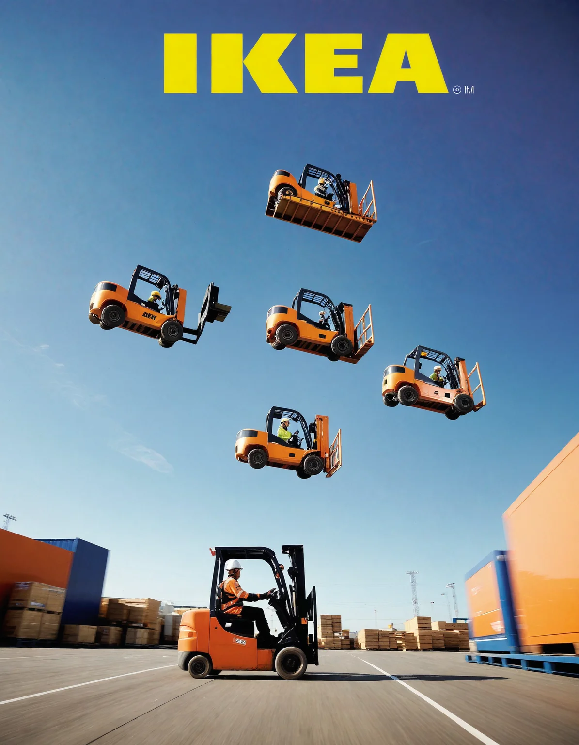 IKEA warehouse race, dynamic composition, multiple workers racing on forklifts, one forklift mid-air, outdoor setting, high-speed photograph, vibrant blue sky backdrop, motion blur elements, rally event atmosphere