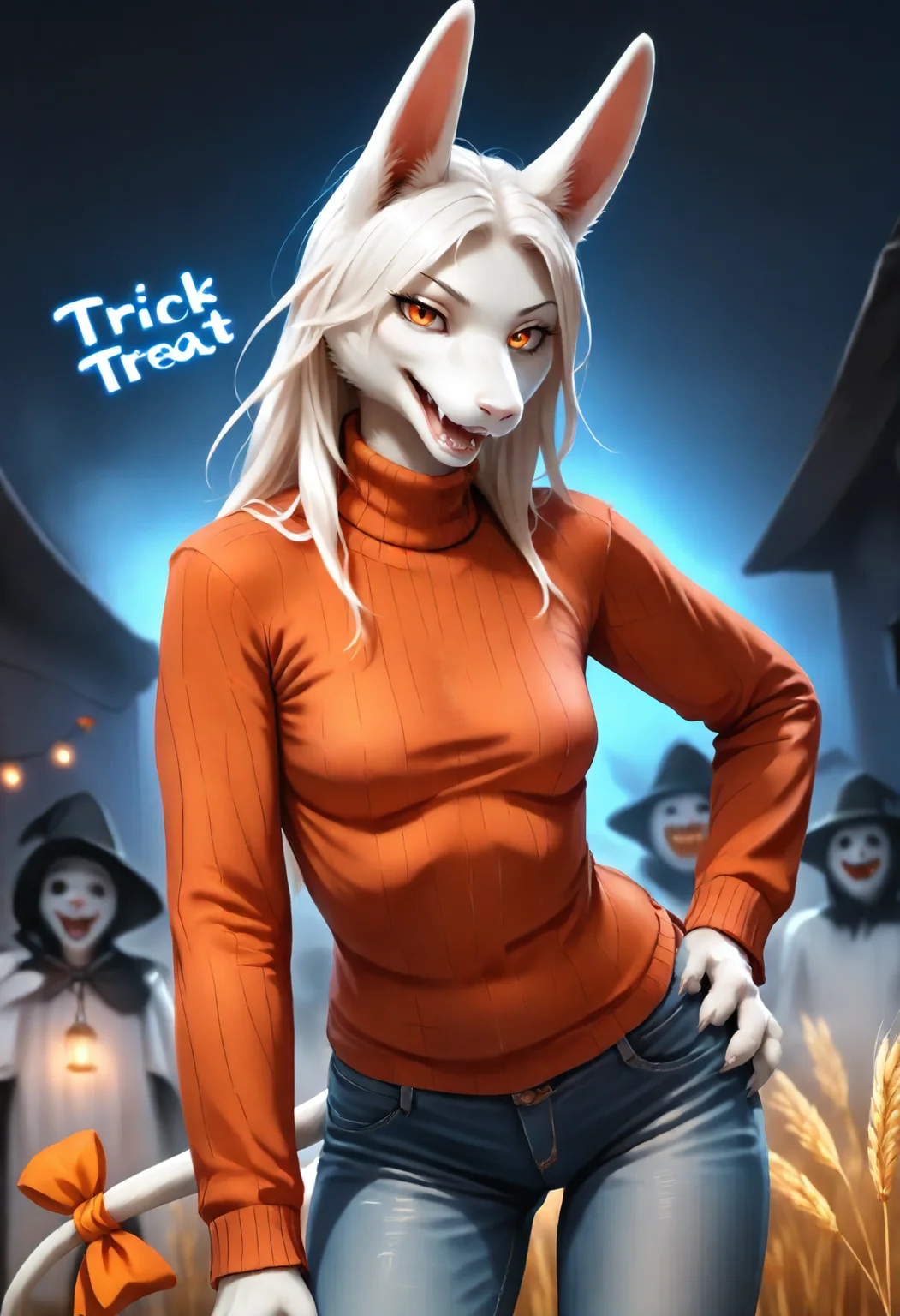freyac, female, white fur, orange eyes, white hair, tail, orange tailbow, realistic, solo, 1girl, reddish brown turtleneck, sweater, jeans, medium breasts, long hair, standing, smug, evil grin, looking at viewer, confident, amused, cowboy shot, leaning forward, closeup, talking,
BREAK, Halloween town background, field, wheat, dark background, blue background, black background, Halloween, spooky, glowing lights, fog, ghosts, candy, trick or treat, detailed background, crowd,
, <lora:Freya11b s97:1>