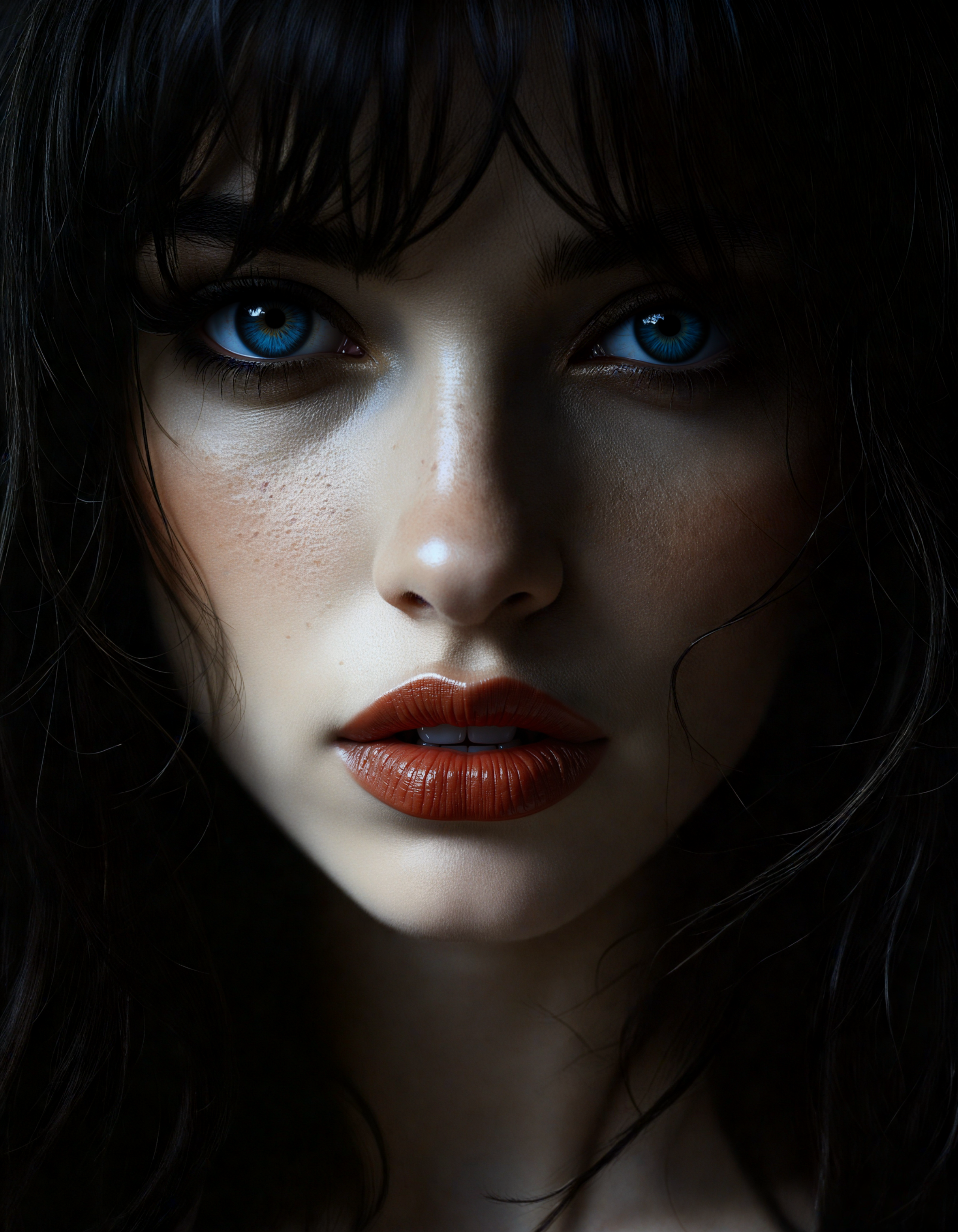 expressionist hyperrealistic art (dark mood masterpiece Photography:1.2), portrait of a mysterious woman with blue eyes and bold eyeliner, she has sensuous lips, looking seductively, naughty, shy smirking. The extreme realism focuses on her detailed skin, showing fine textures and natural highlights. photography masterpiece, modern, irresistible beauty, fuzzy lighting, dark mood, unusual composition, use of negative space, (rule of thirds composition), simmetry , mysteriouse, emotional, flirting, (fine erotic content:0.65), groundbreaking unrivaled opus with unrivaled details, (Warm Brown color scheme), highly detailed, melancholic, low-light hyper detailed photography, catchlights, style by Luis Royo . extremely high-resolution details, photographic, realism pushed to extreme, fine texture, incredibly lifelike, medium shot,low angle view,style by Luis Royo,bloom light,Dramatic High Contrast . raw, emotional, dynamic, distortion for emotional effect, vibrant, use of unusual colors, detailed<lora:flux\Flux__Semi-realistic_art_style-000004.safetensors:0.45:0.45> <lora:flux\detailed_skin_portraits-000005.safetensors:0.15:0.15> <lora:flux\flux_realism_lora.safetensors:0.45:0.45> <lora:flux\flux_Pro-skin.safetensors:0.2:0.2>, <lora:flux\standard\Eye_Detail_Flux_Lora_-_Inpainting.safetensors:1.0:1.0>